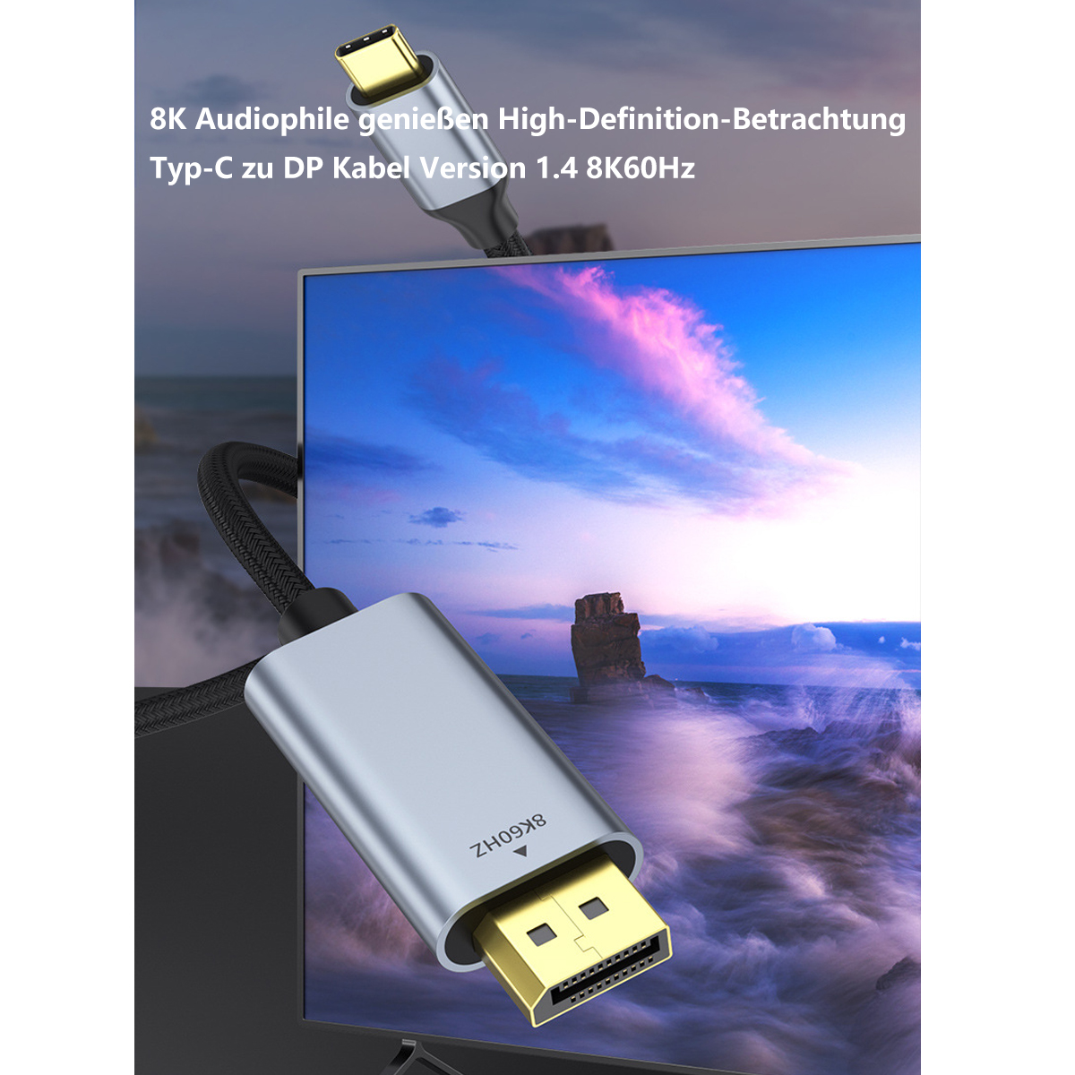 Ein silbernes Kabel mit USB-C-Anschluss, das an einen Bildschirm angeschlossen ist.