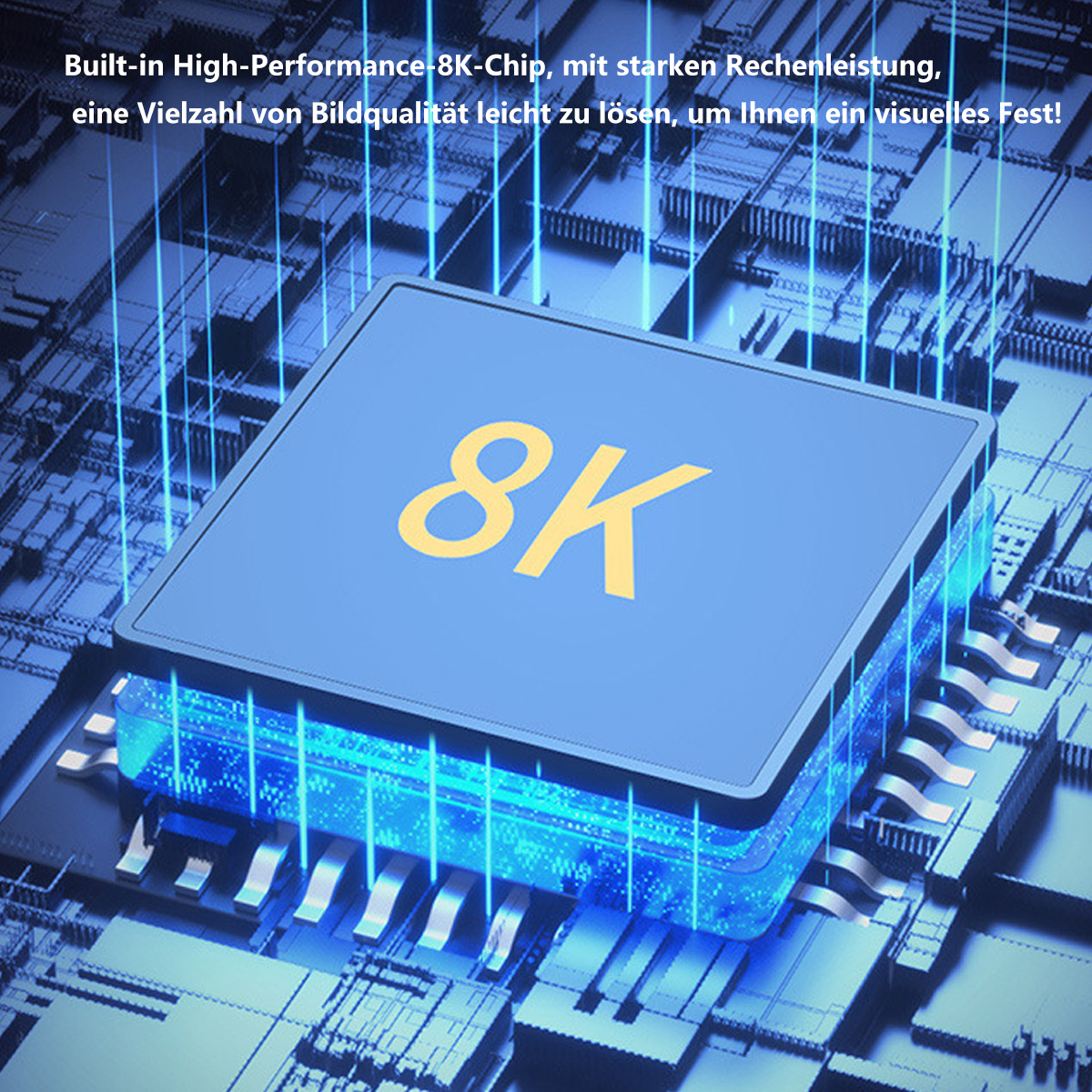Ein blauer und schwarzer Computerchip mit dem Text "8K" in Gelb.