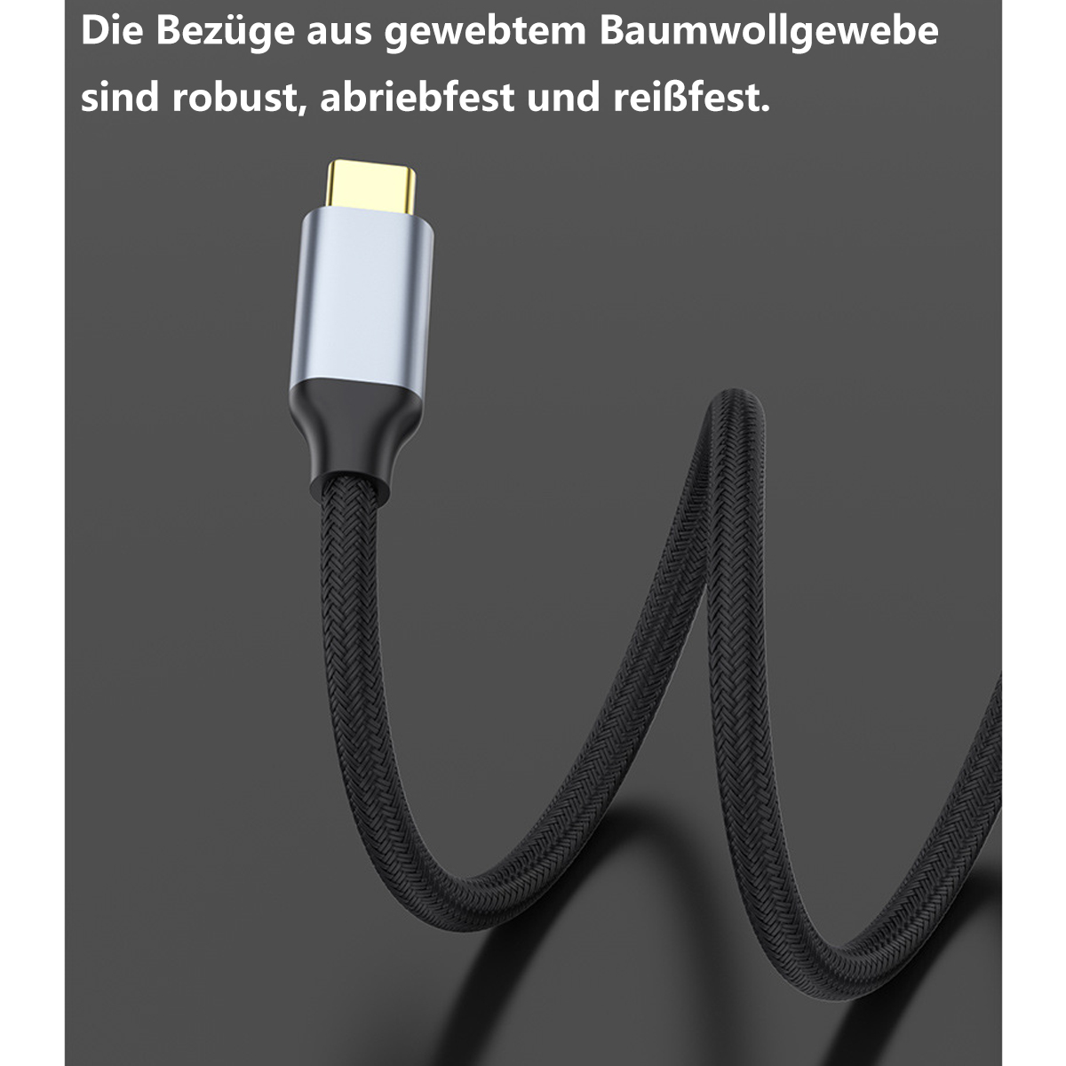Schwarzes USB-C-Kabel mit silbernem Stecker auf dunklem, grauem Hintergrund.