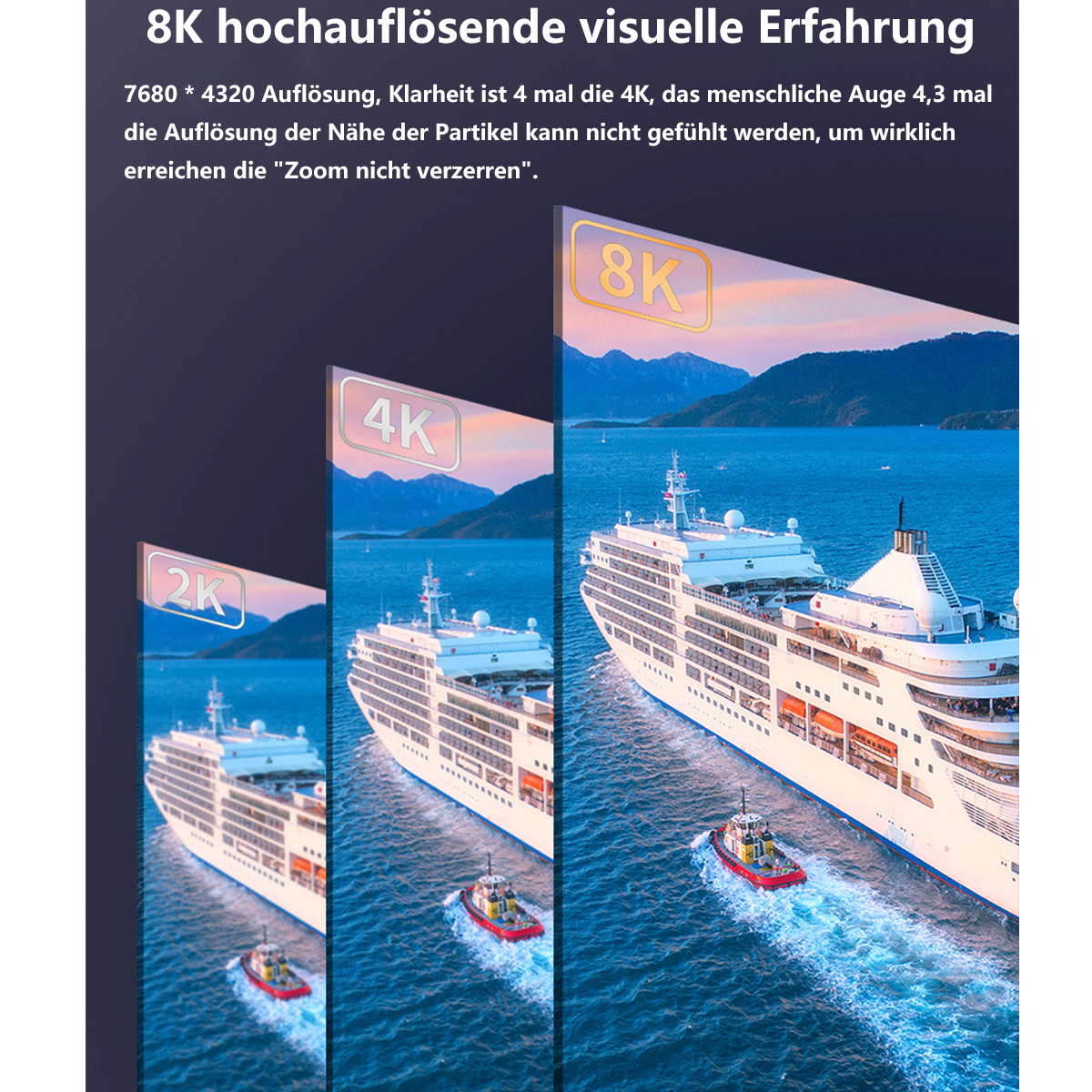 Vergleich von 2K-, 4K- und 8K-Bildern eines Schiffs auf dem Wasser, der Auflösungsunterschiede zeigt.