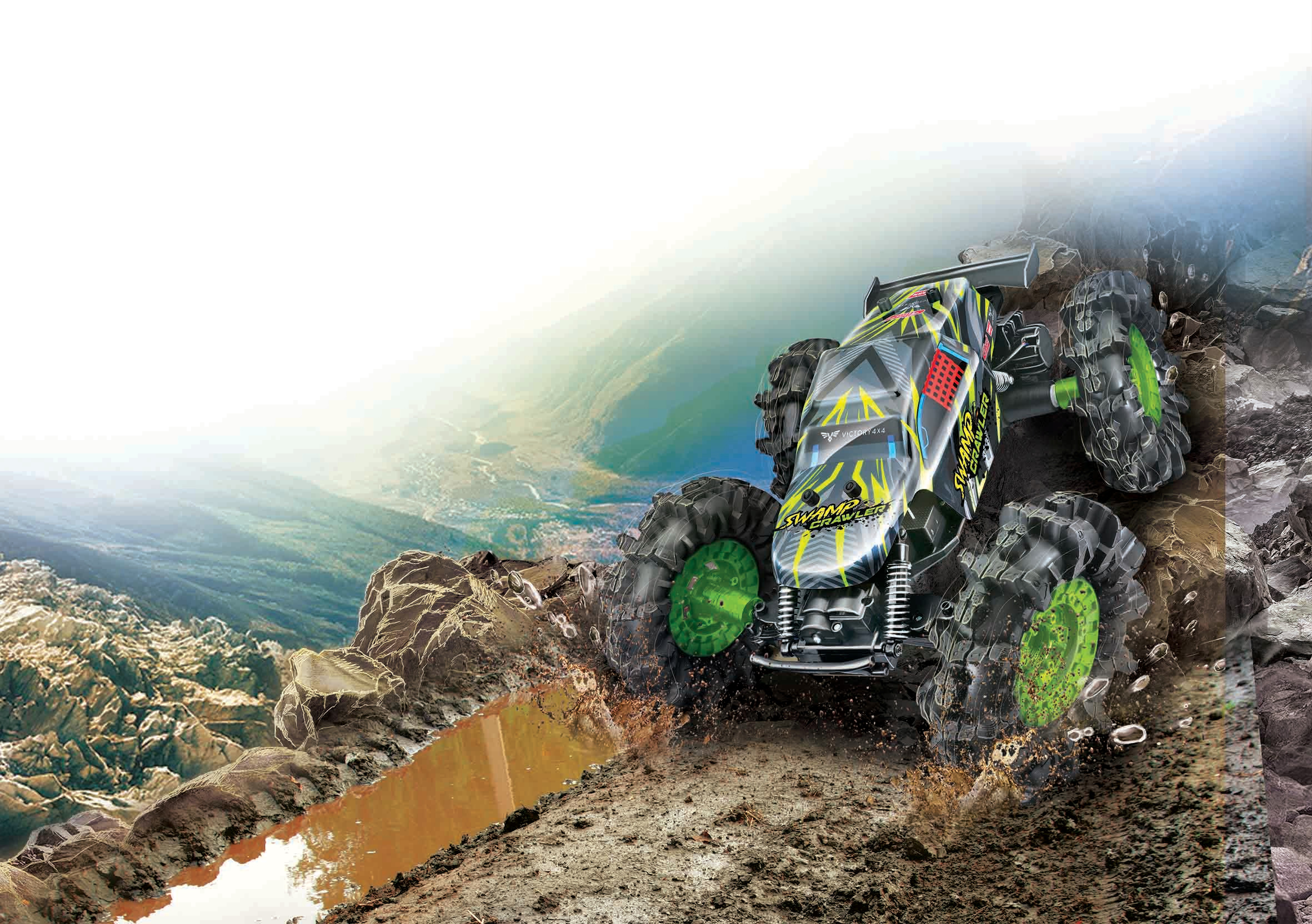 Ein Monstertruck erklimmt einen schlammigen Hügel, mit einer Berglandschaft im Hintergrund.