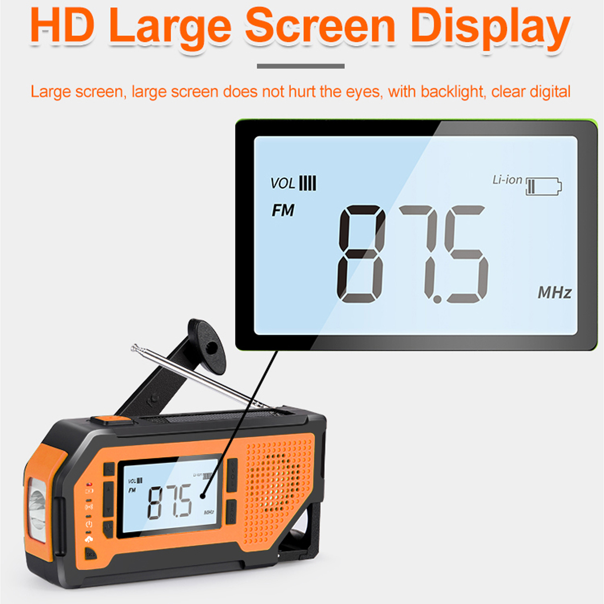 Primer plano de una radio portátil con una pantalla digital que muestra 87,5 MHz.