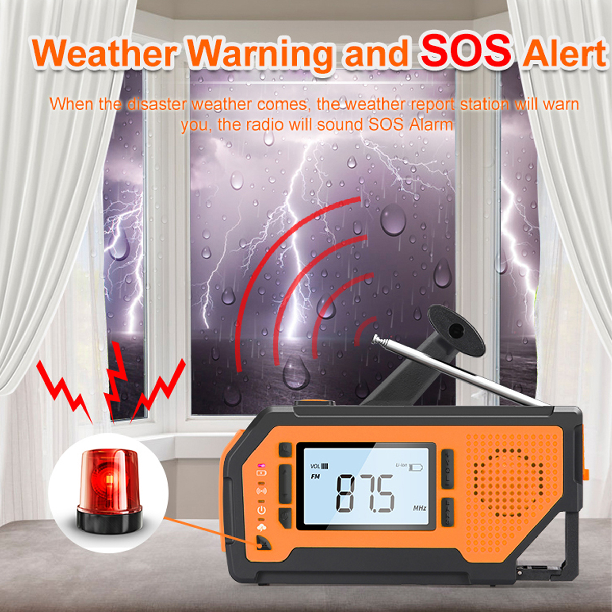 Radio naranja y negro con alerta SOS, relámpagos fuera de ventana y luz de advertencia roja.