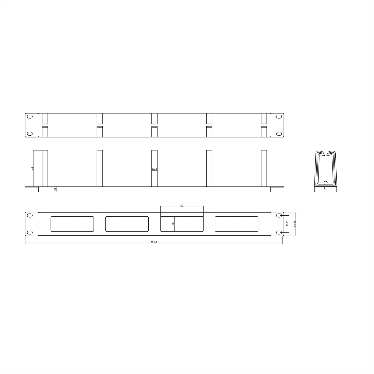 Uno schema di un pannello rack, che mostra dimensioni e caratteristiche.
