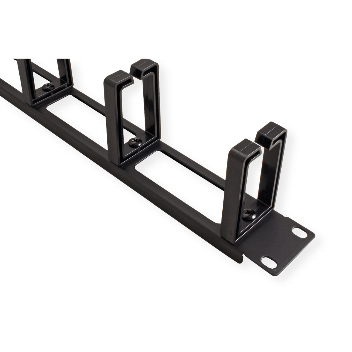 Organizzatore di cavi nero per rack server. L'organizzatore ha diverse fessure per i cavi.
