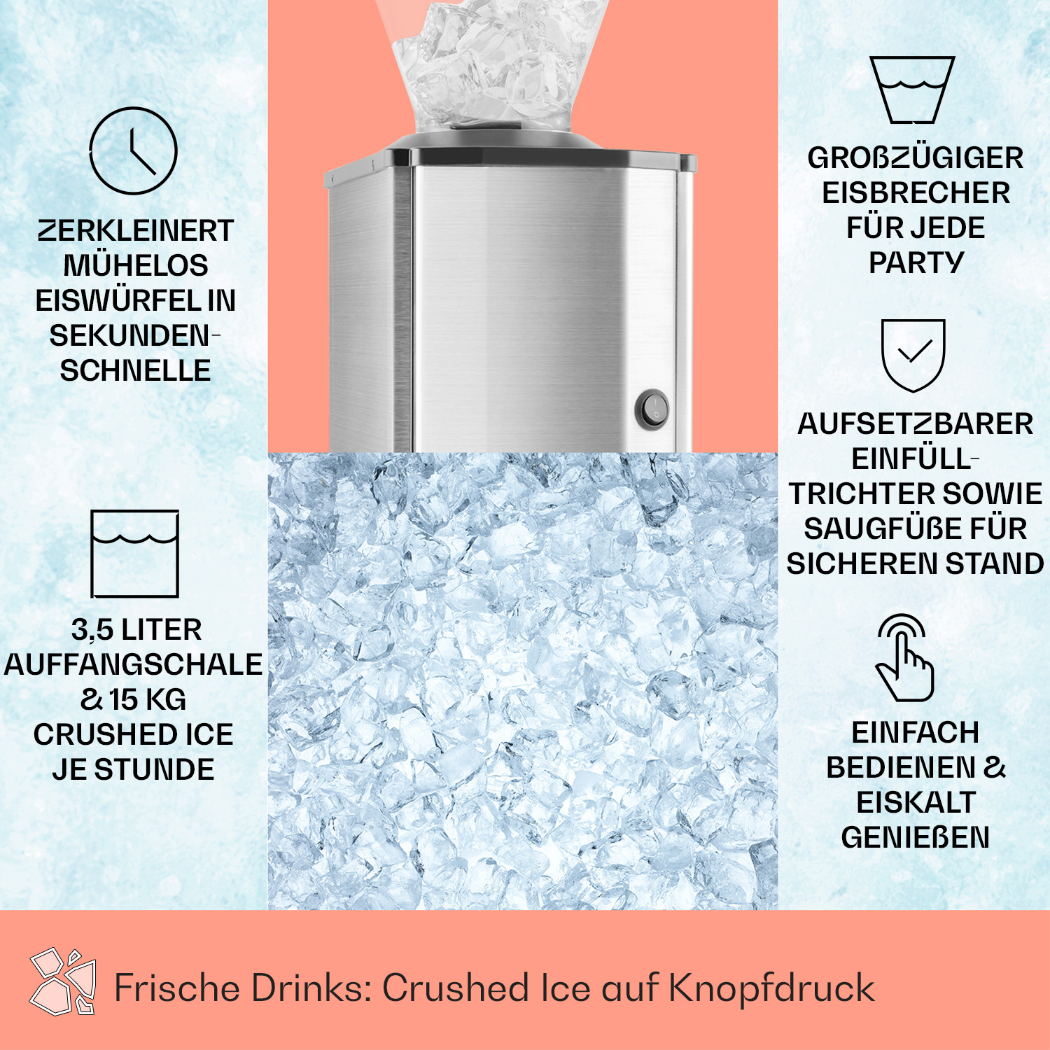 Una macchina per tritare il ghiaccio con etichette di testo e un mucchio di ghiaccio tritato.