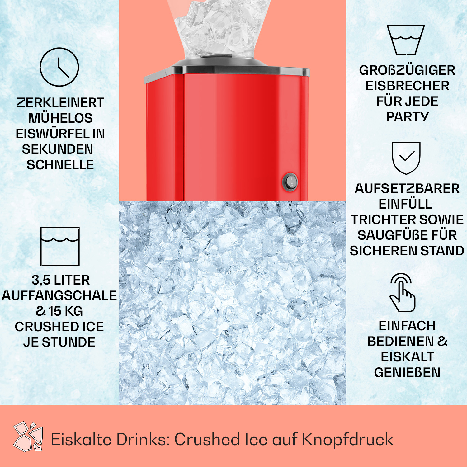 Una máquina de hielo roja con texto e iconos sobre sus características, como hielo picado y fácil uso.