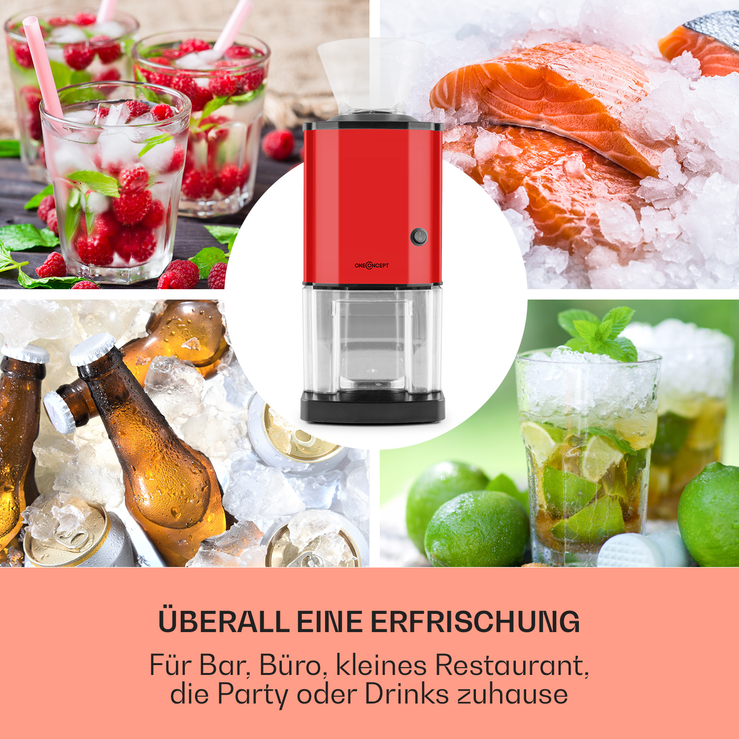Una máquina para hacer hielo roja está rodeada de bebidas y comida: hielo, bebidas y salmón.