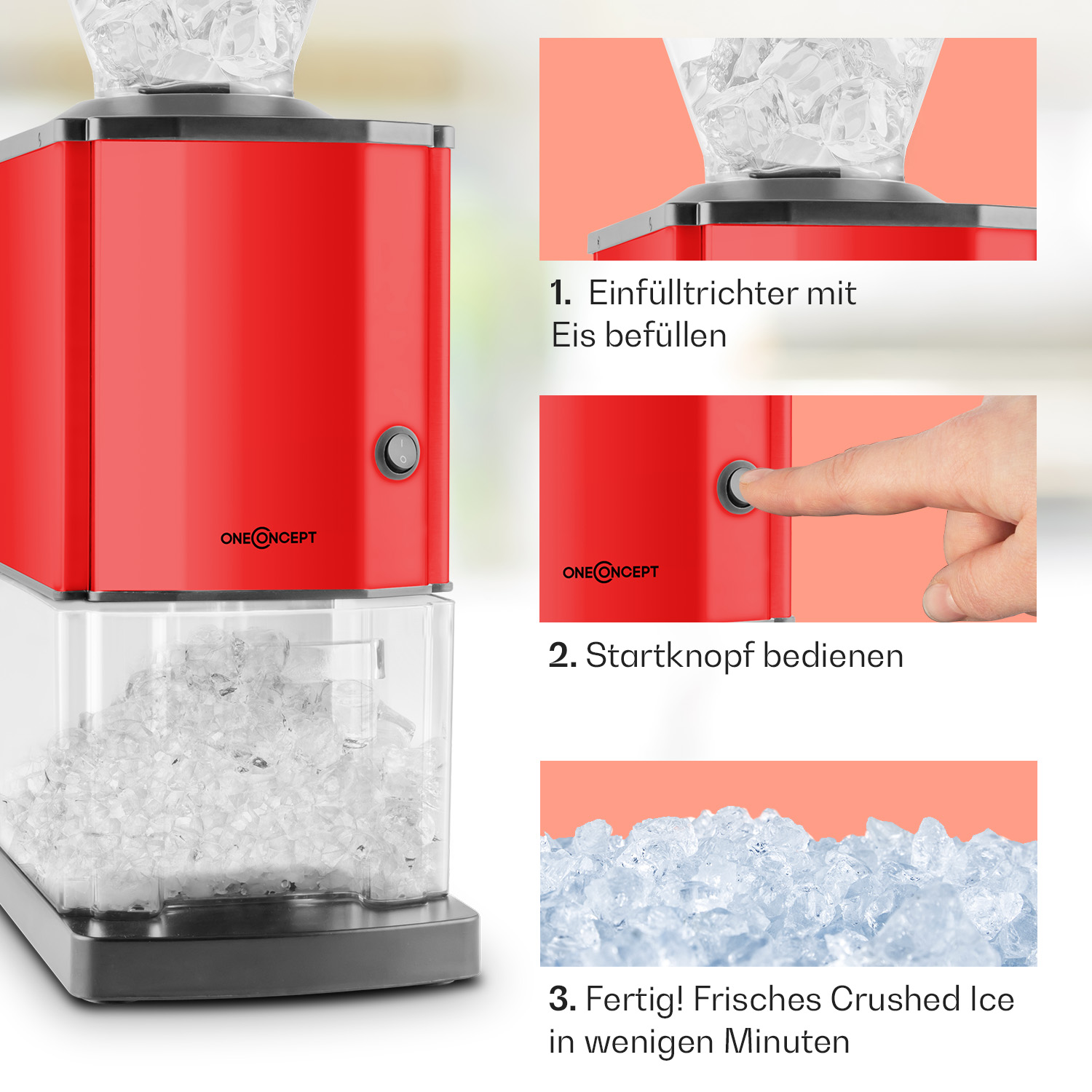 Máquina de hielo roja con instrucciones: llenar con hielo, pulsar inicio, obtener hielo picado.