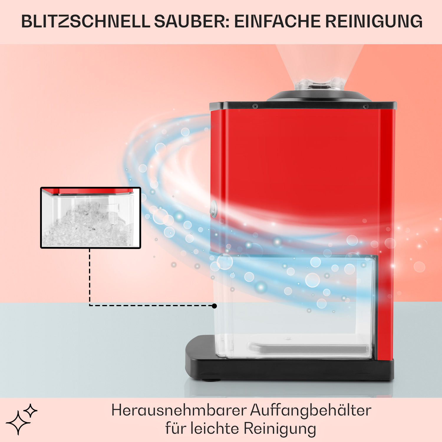 Máquina roja para hacer hielo con un recipiente transparente que muestra hielo y texto.