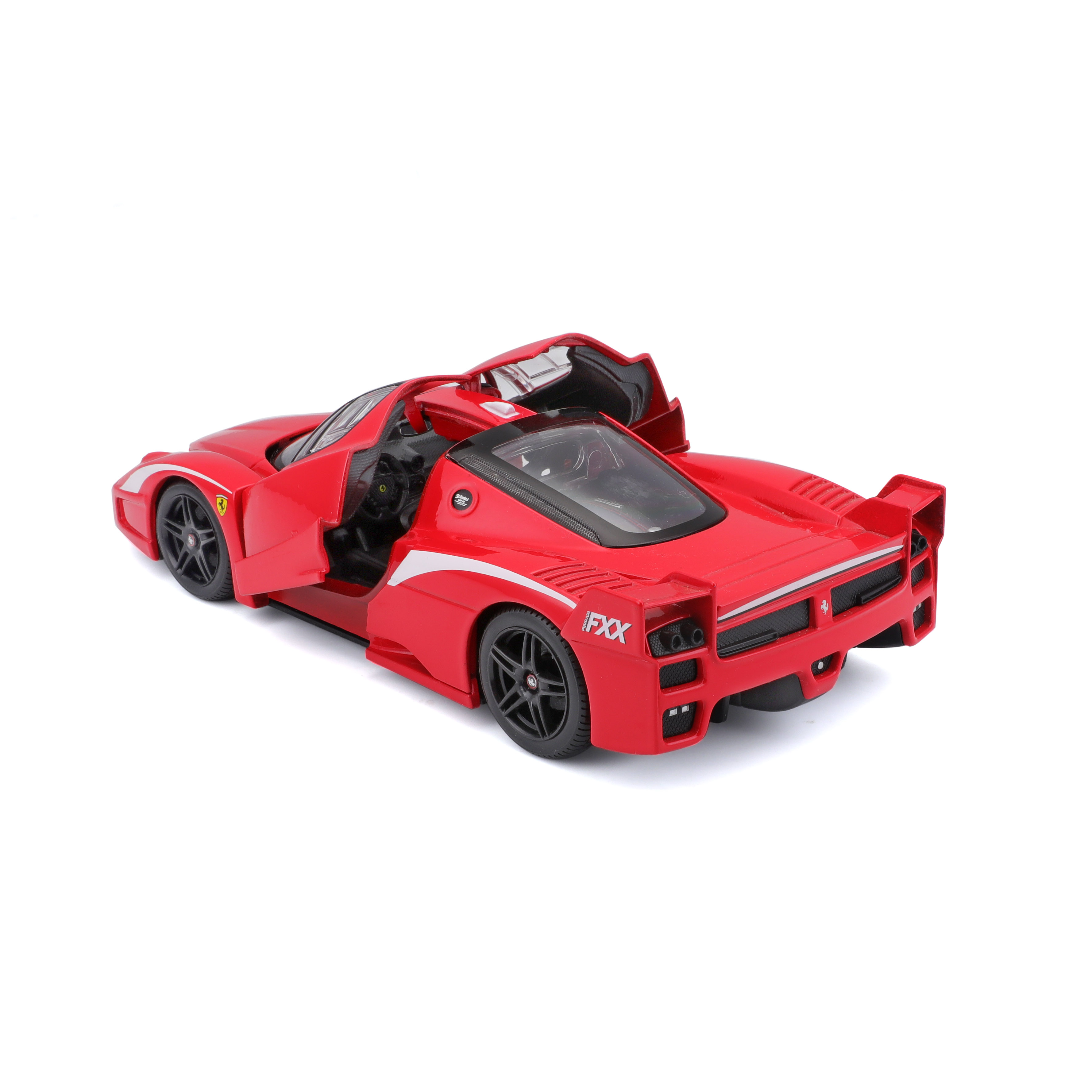 Rotes Spielzeugauto, FXX-Modell, Türen offen. Weißer Hintergrund, detailliert. Rückansicht.