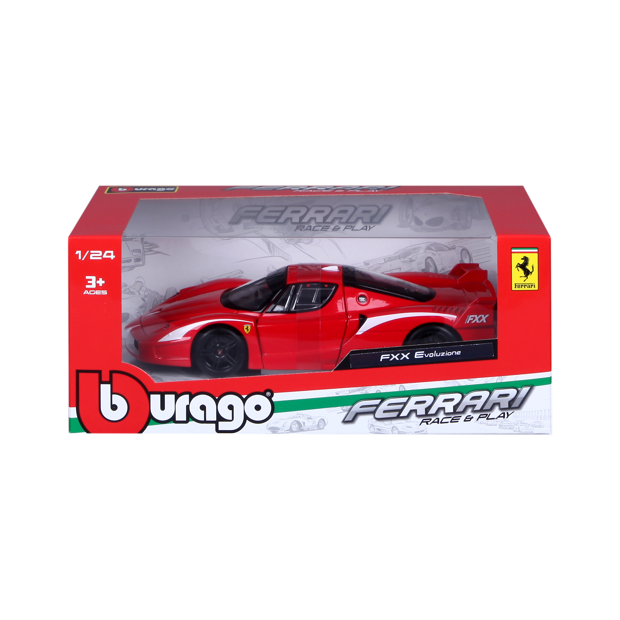 Rotes Ferrari-Spielzeugauto in einer Box. Die Box hat Ferrari-Marken.