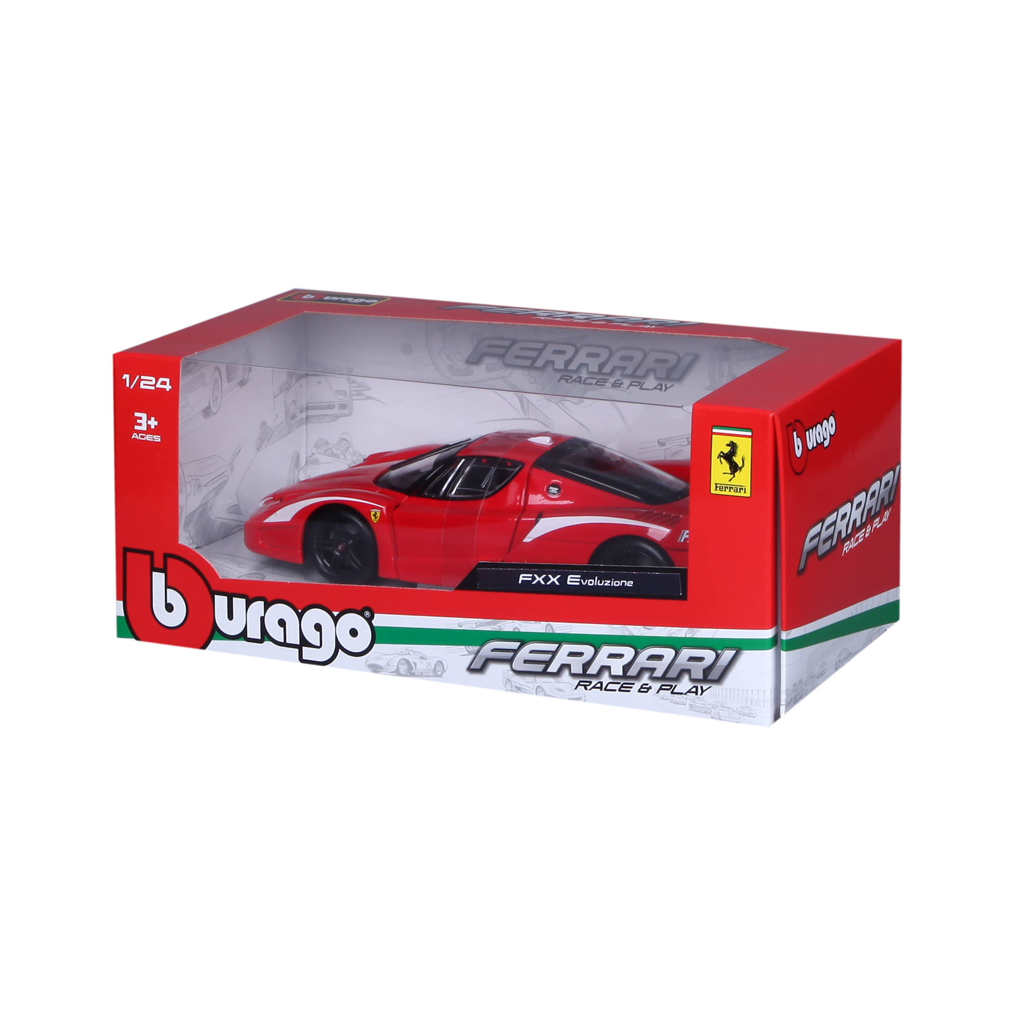 Rotes Ferrari-Modellauto in einer Box. Maßstab 1:24. Marke ist Burago. FXX Evoluzione Modell.