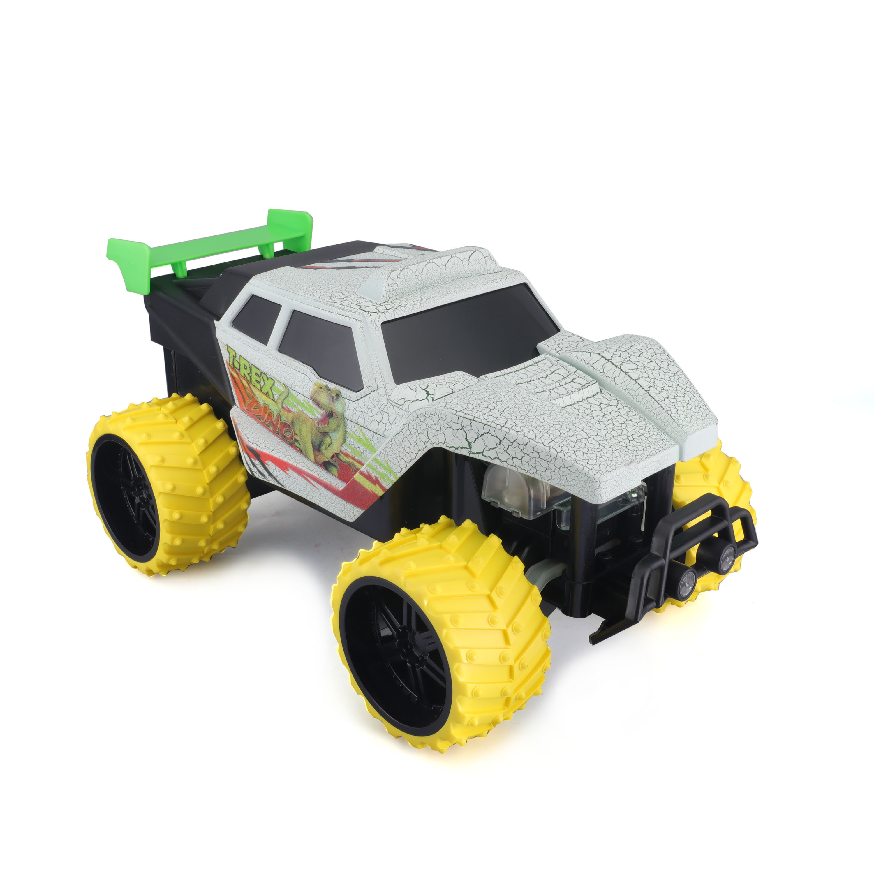 Weißer und schwarzer Spielzeug-Monstertruck mit gelben Rädern.