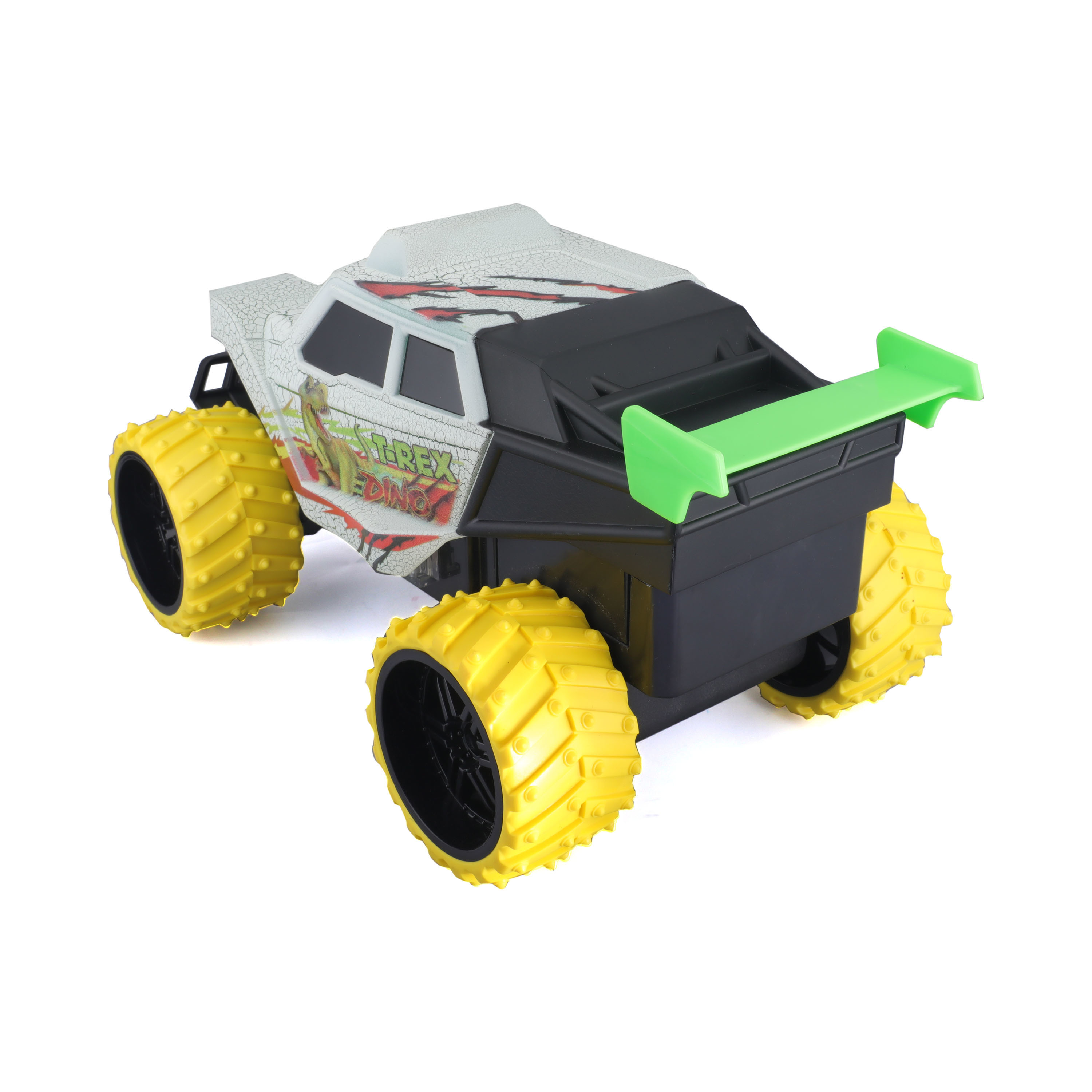 Spielzeug-Monstertruck. Weißer Körper mit Grafiken, gelbe Räder, grüner Spoiler.