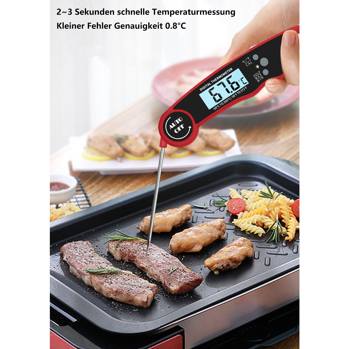 Digitales Fleischthermometer im Einsatz über Essen.