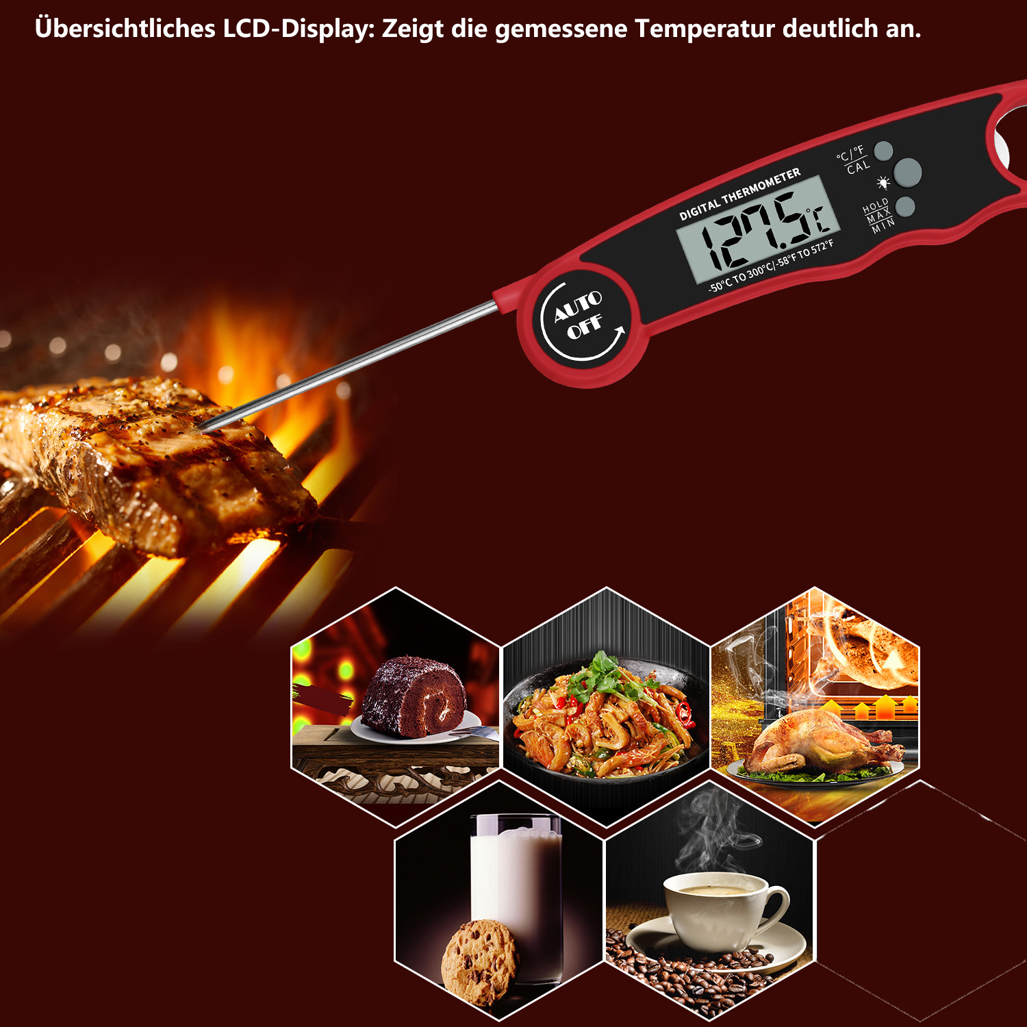Digitales Thermometer zeigt 127,5 Grad. Lebensmittelbilder umgeben, darunter Steak, Kuchen und Kaffee.