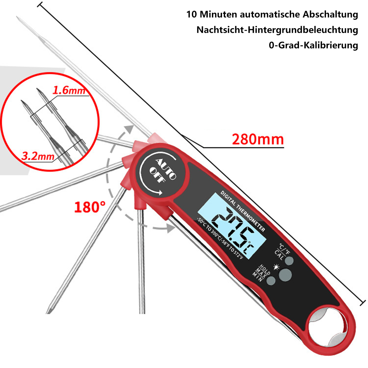 Ein digitales Thermometer mit offener Sonde, das Temperatur und Kalibrierung anzeigt.
