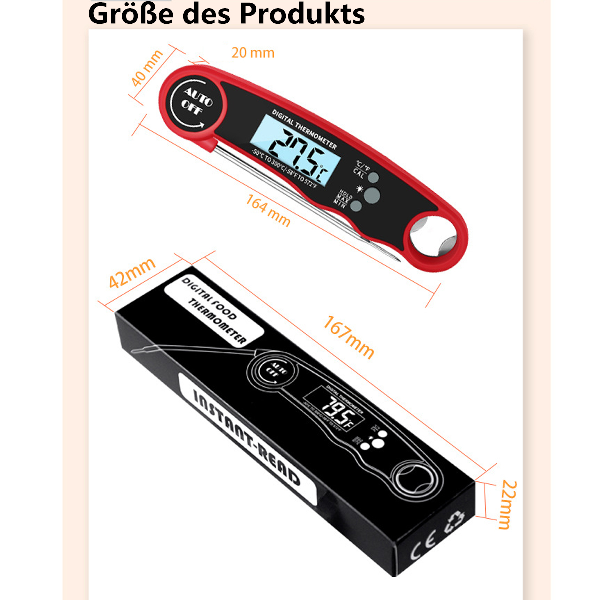 Digitales Lebensmitteltemperaturmessgerät und seine Verpackung mit Messungen auf weißer Oberfläche.