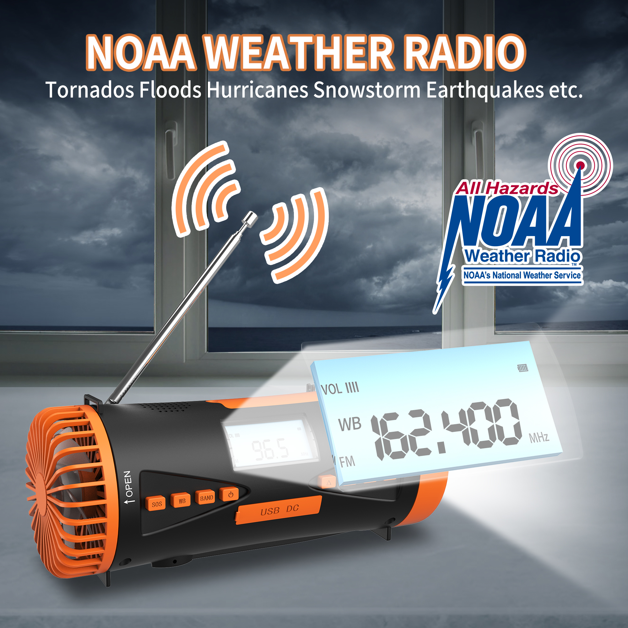 Radio meteorológica NOAA con fondo de ventana. Muestra WB, FM y 162.400 MHz.