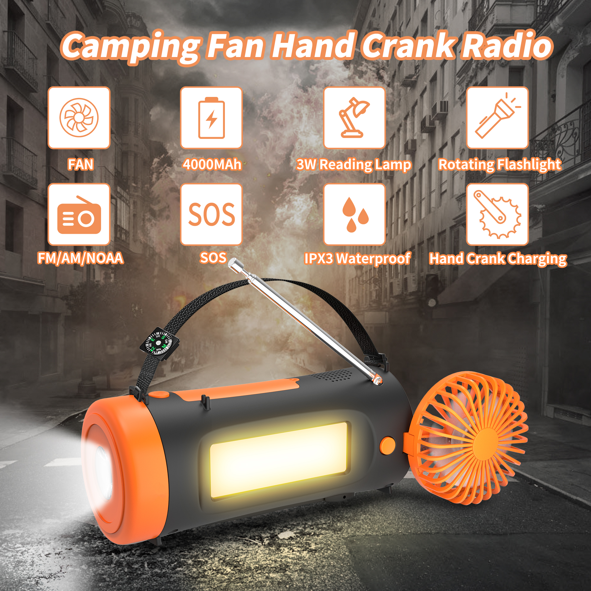 Radio de manivela para ventilador de camping con iconos de funciones.