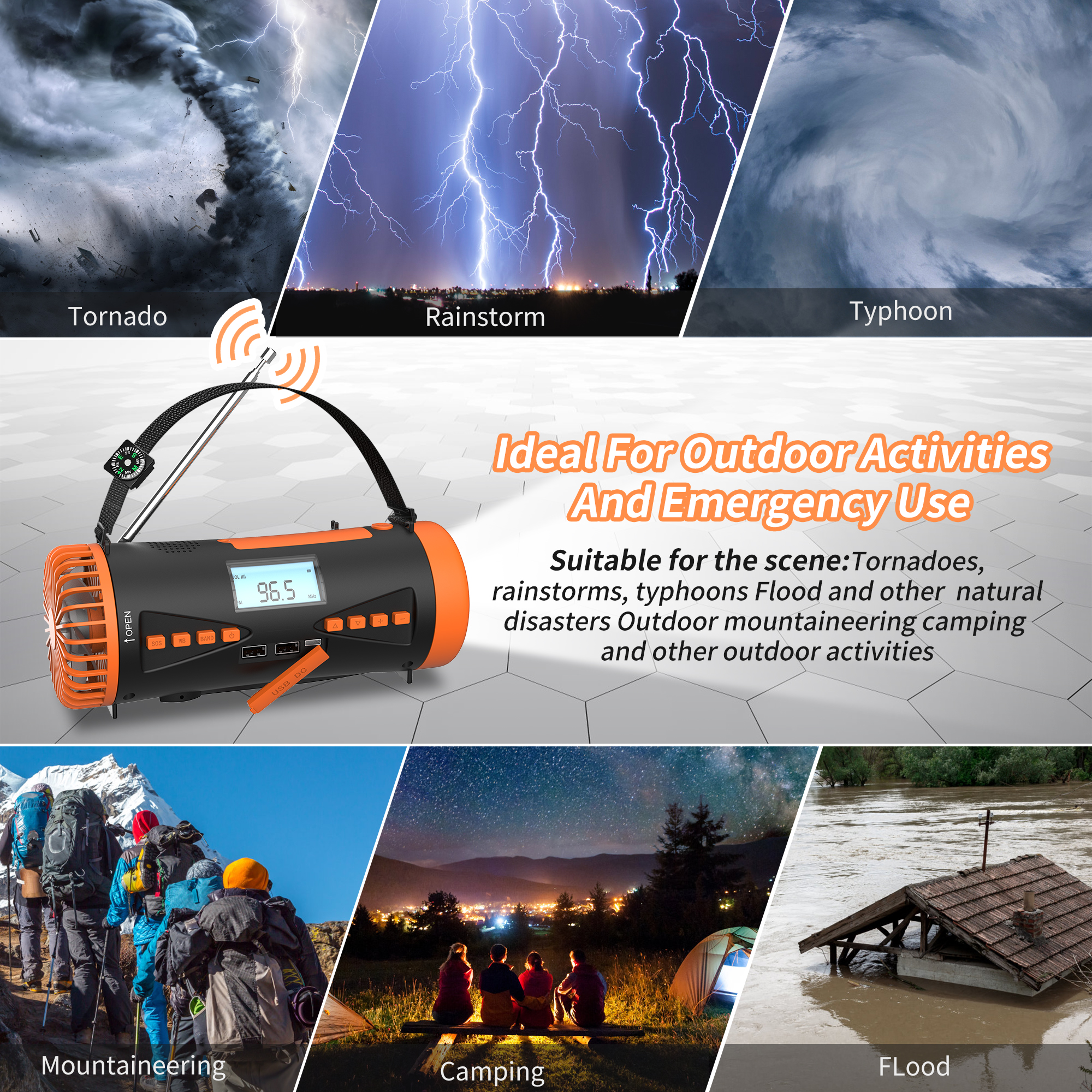 Radio e imágenes de desastres y actividades al aire libre. Texto: ideal para uso al aire libre.