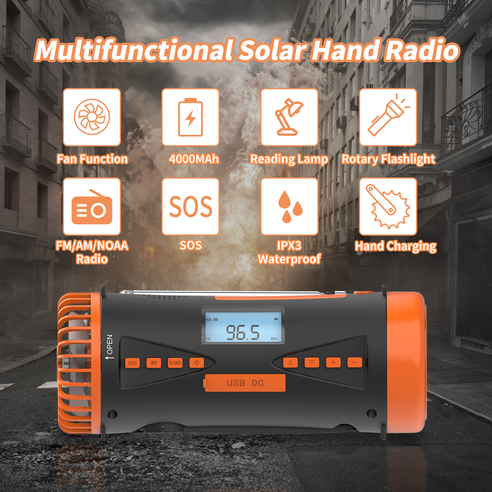Multifunktionales Solar-Handradio. Funktionen: Ventilator, 4000mAh, Leselampe, Taschenlampe, FM/AM-Radio, SOS und Handaufladung.