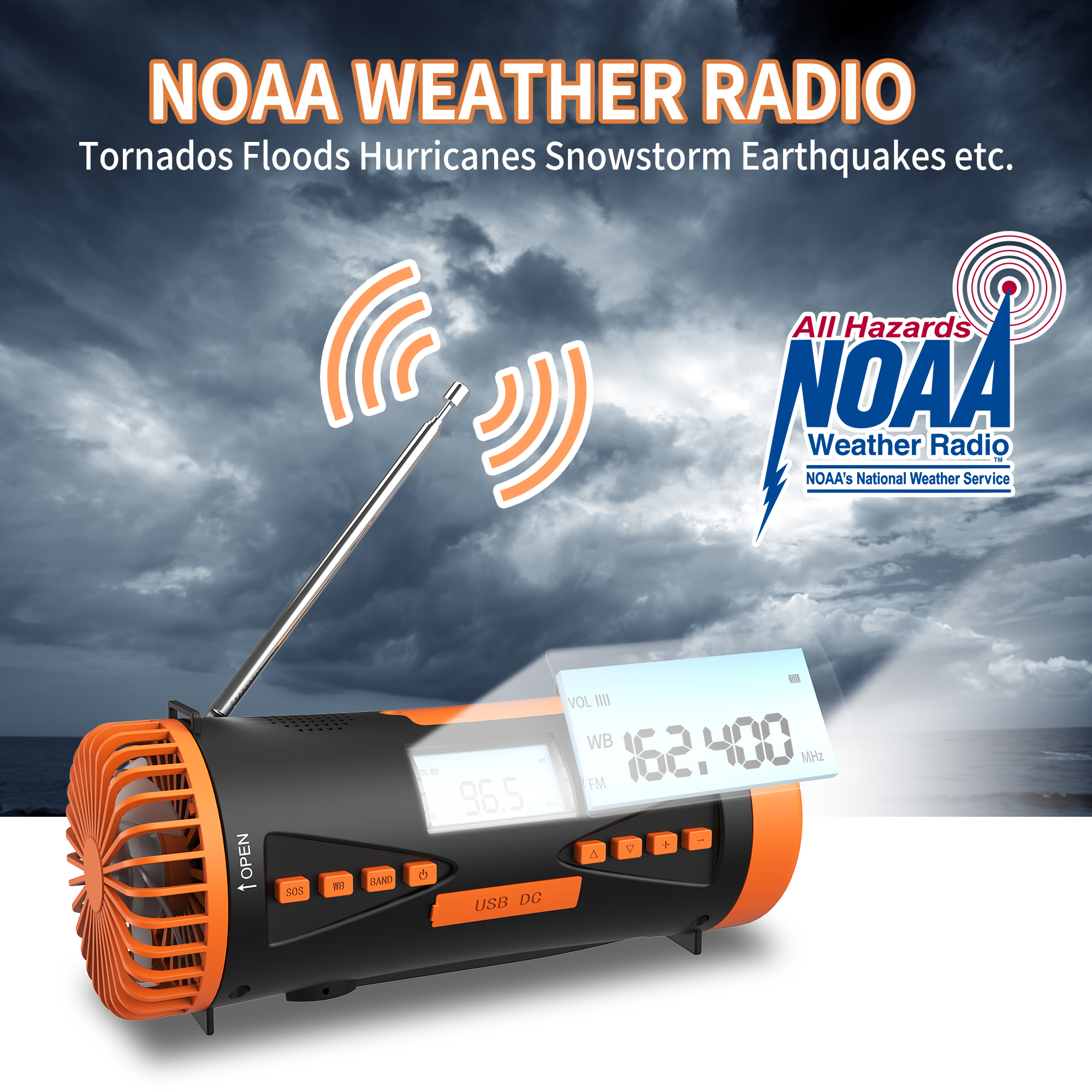 NOAA-Wetterradio mit Anzeige und NOAA-Logo im Hintergrund.