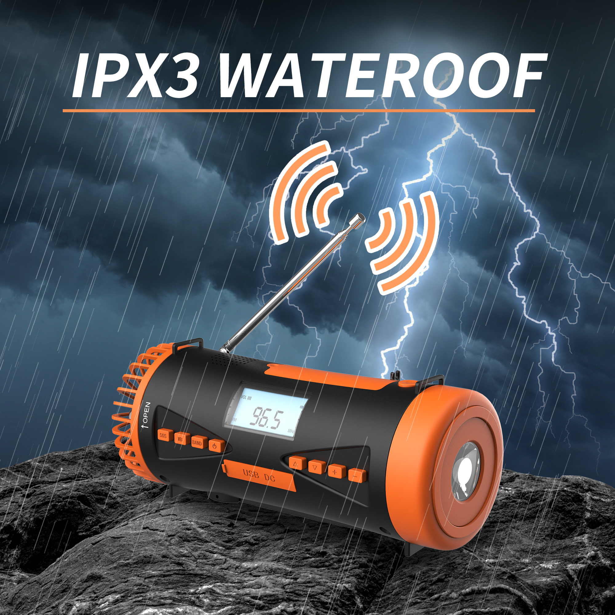 Tragbares Radio in Schwarz und Orange mit Antenne. Es regnet, im Hintergrund blitzt es.