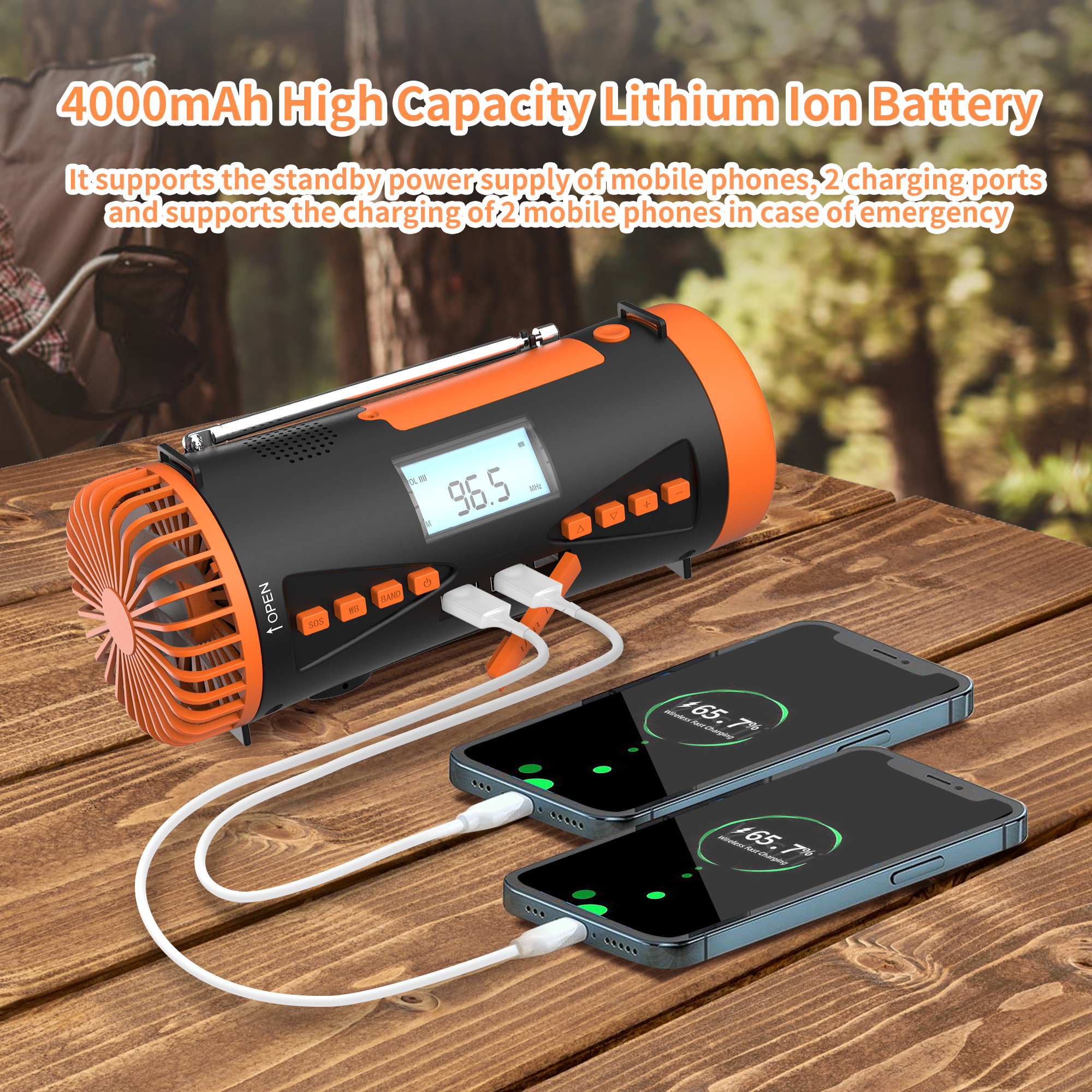 Orangefarbenes und schwarzes Gerät, das zwei Telefone auflädt. Text: '4000mAh Lithium-Ionen-Akku'.