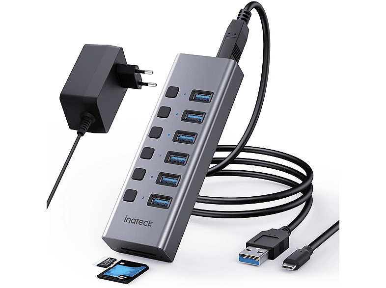 INATECK USB Hub aktiv 3.0, Aluminium 8-in-1 USB-Adapter mit unabhängigen Schaltern, 6 USB-A Ports und SD/TF USB hub