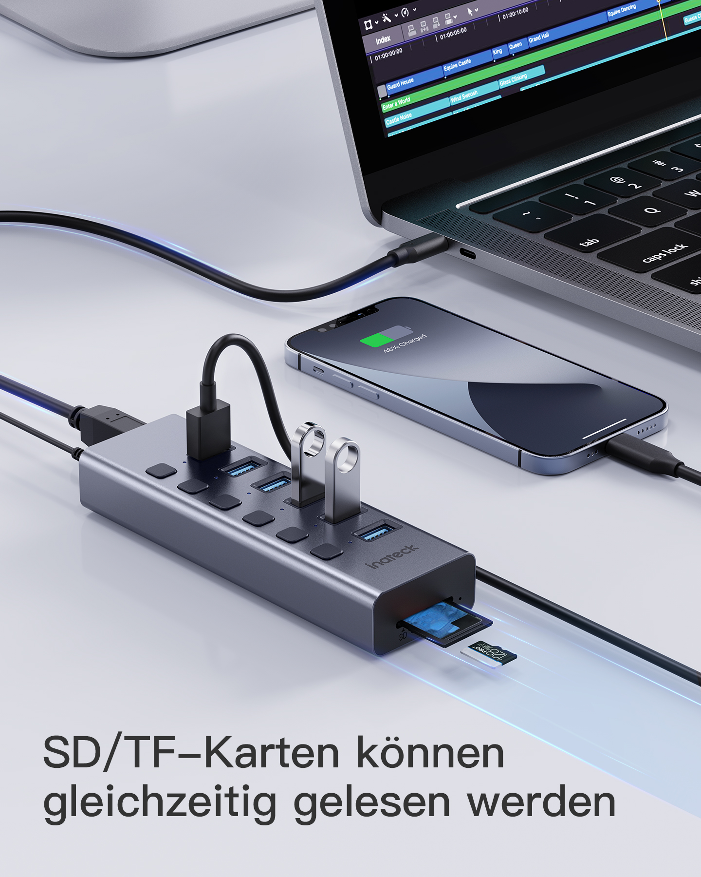 USB-A USB INATECK Hub Ports USB SD/TF hub USB-Adapter 6 3.0, 8-in-1 Aluminium aktiv unabhängigen Schaltern, und mit