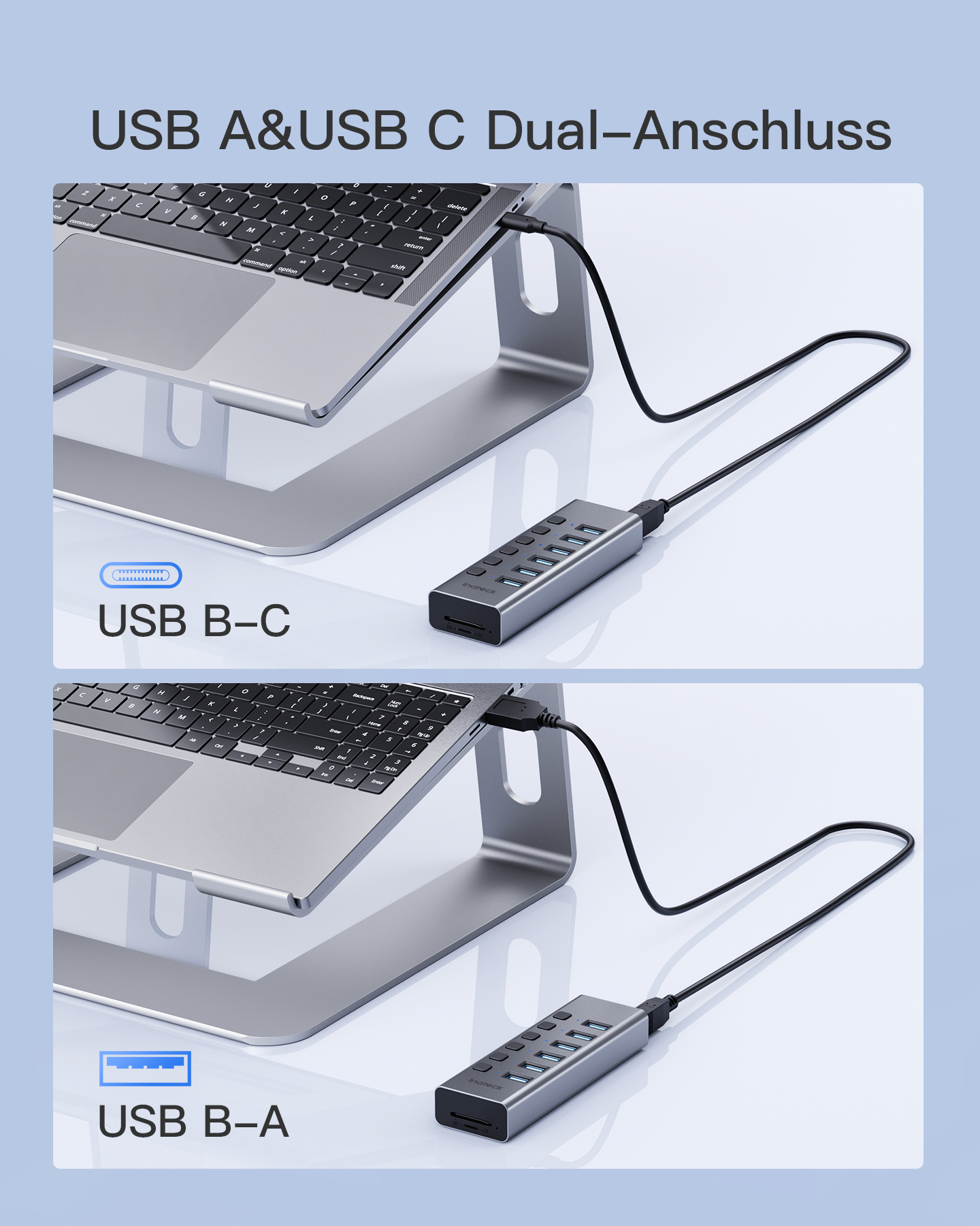 USB-A USB INATECK Hub Ports USB SD/TF hub USB-Adapter 6 3.0, 8-in-1 Aluminium aktiv unabhängigen Schaltern, und mit