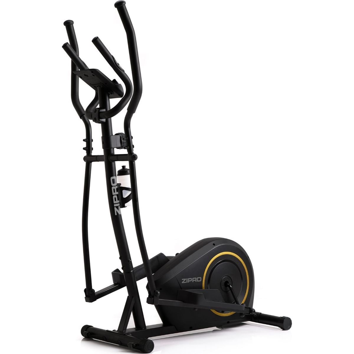 Schwarz-goldener ZIPRO Crosstrainer auf weißem Hintergrund. Es hat Griffe und einen Wasserflaschenhalter.