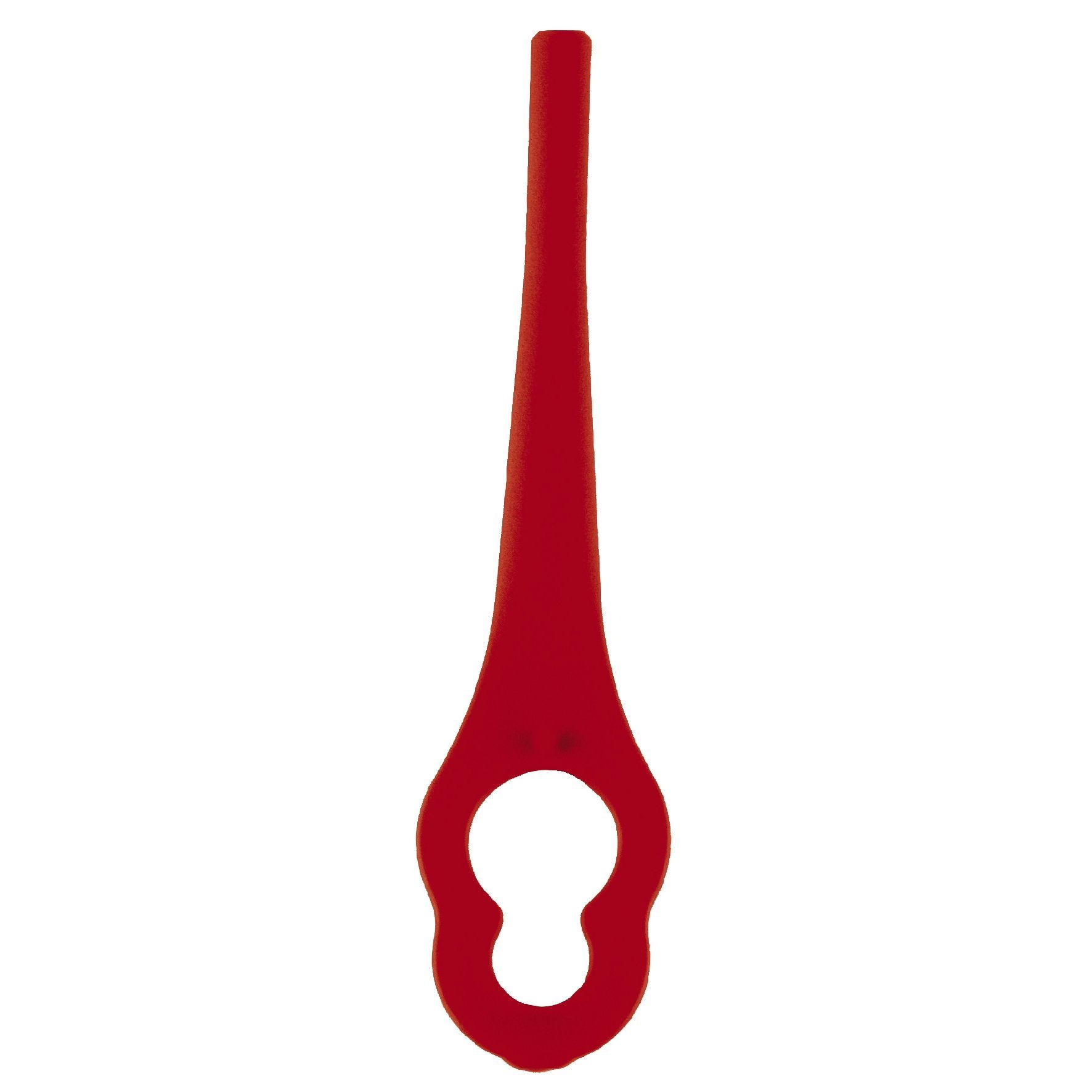 Una cuchilla de cortacésped roja con un ojal grande, aislada sobre blanco.