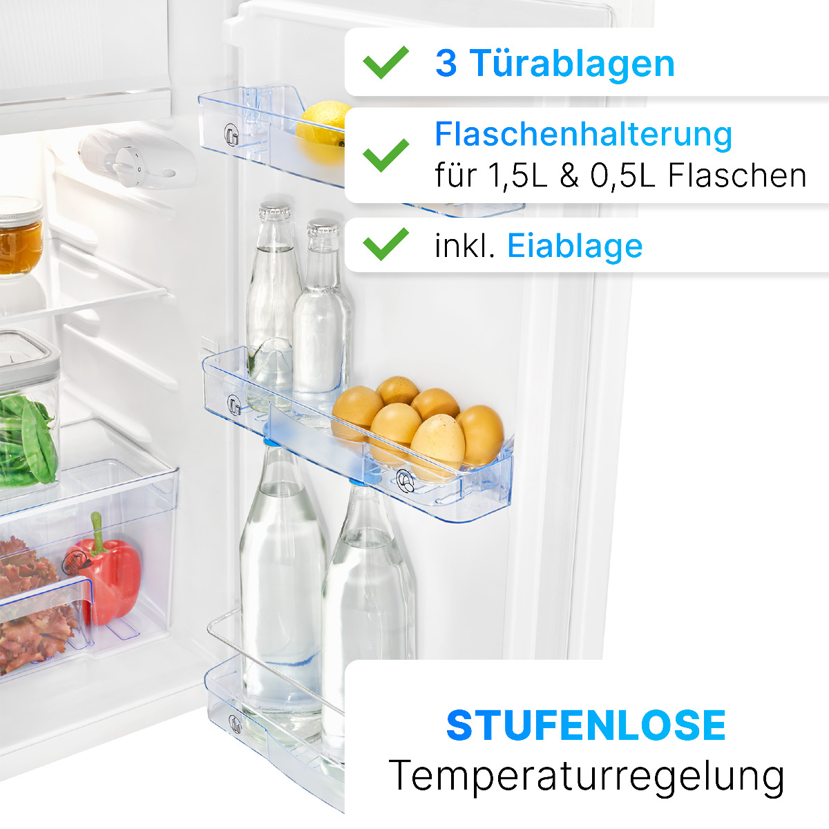 Otwarty wnętrze lodówki. Półki z butelkami, jajkami i czerwoną papryką. Tekst w języku niemieckim.