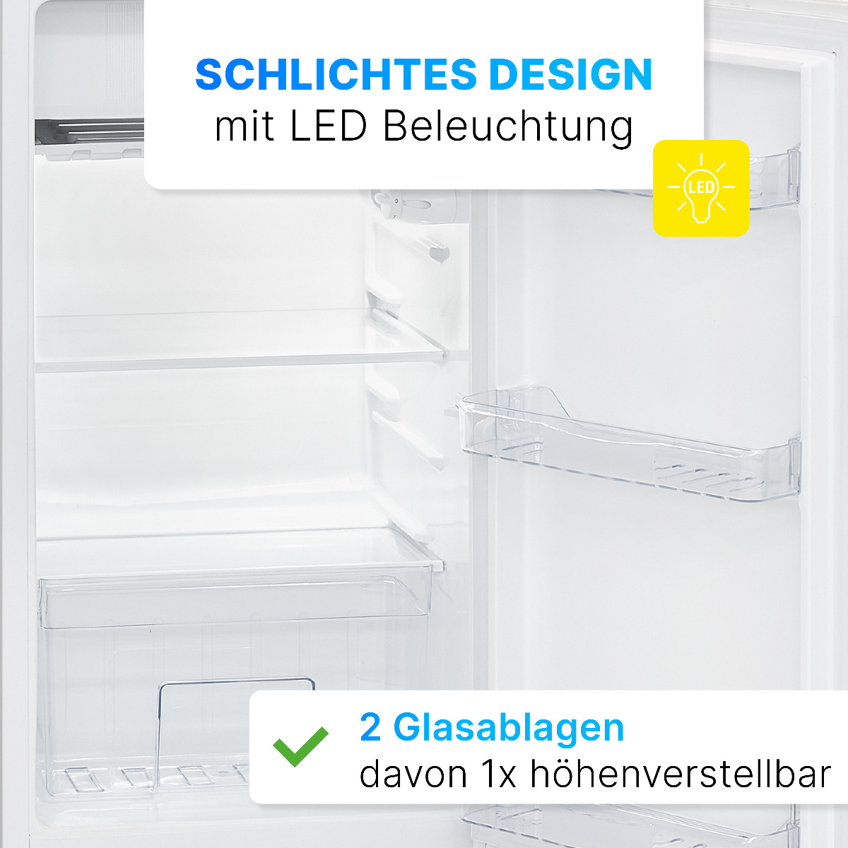 Wnętrze białej lodówki. Są półki, pojemniki i tekst '2 Glasablagen'.