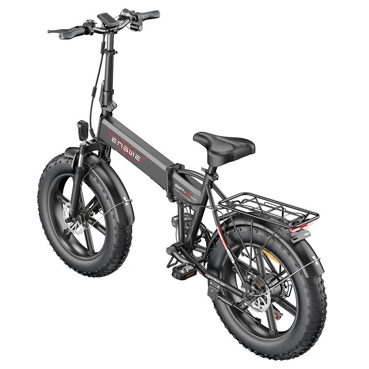 Una bicicletta elettrica pieghevole nera con portapacchi posteriore, su sfondo bianco. Ha pneumatici neri.