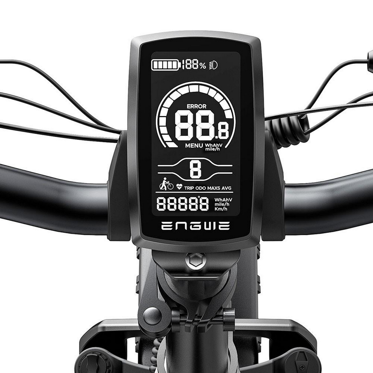 Display e-bike nero con velocità, batteria ed errore. Display digitale con varie metriche.