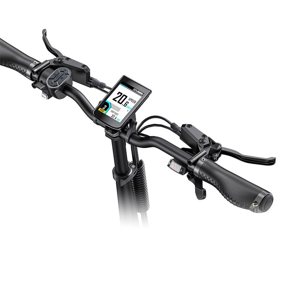 Roller-Lenker mit Anzeige von Geschwindigkeit und Batterie. Bremsen und Bedienelemente sichtbar.