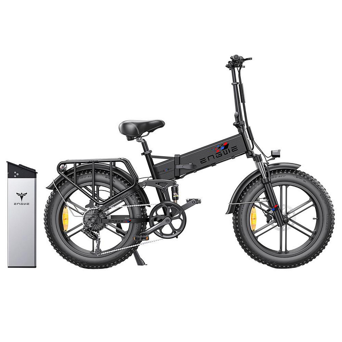 Ein schwarzes Elektrofahrrad mit Ladestation, vor weißem Hintergrund.