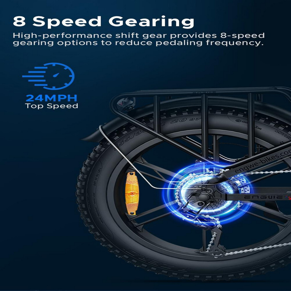 Hinterrad eines E-Bikes mit Getriebedetails und Geschwindigkeitsinformationen.