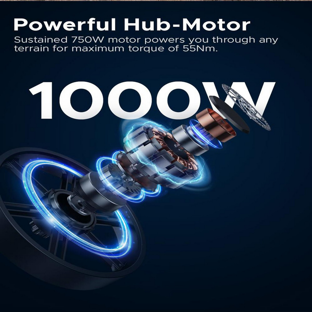 Diagramm eines Motors mit 1000W-Etikett. Kupferspulen, verschiedene Teile sind sichtbar, mit blauen Lichteffekten.