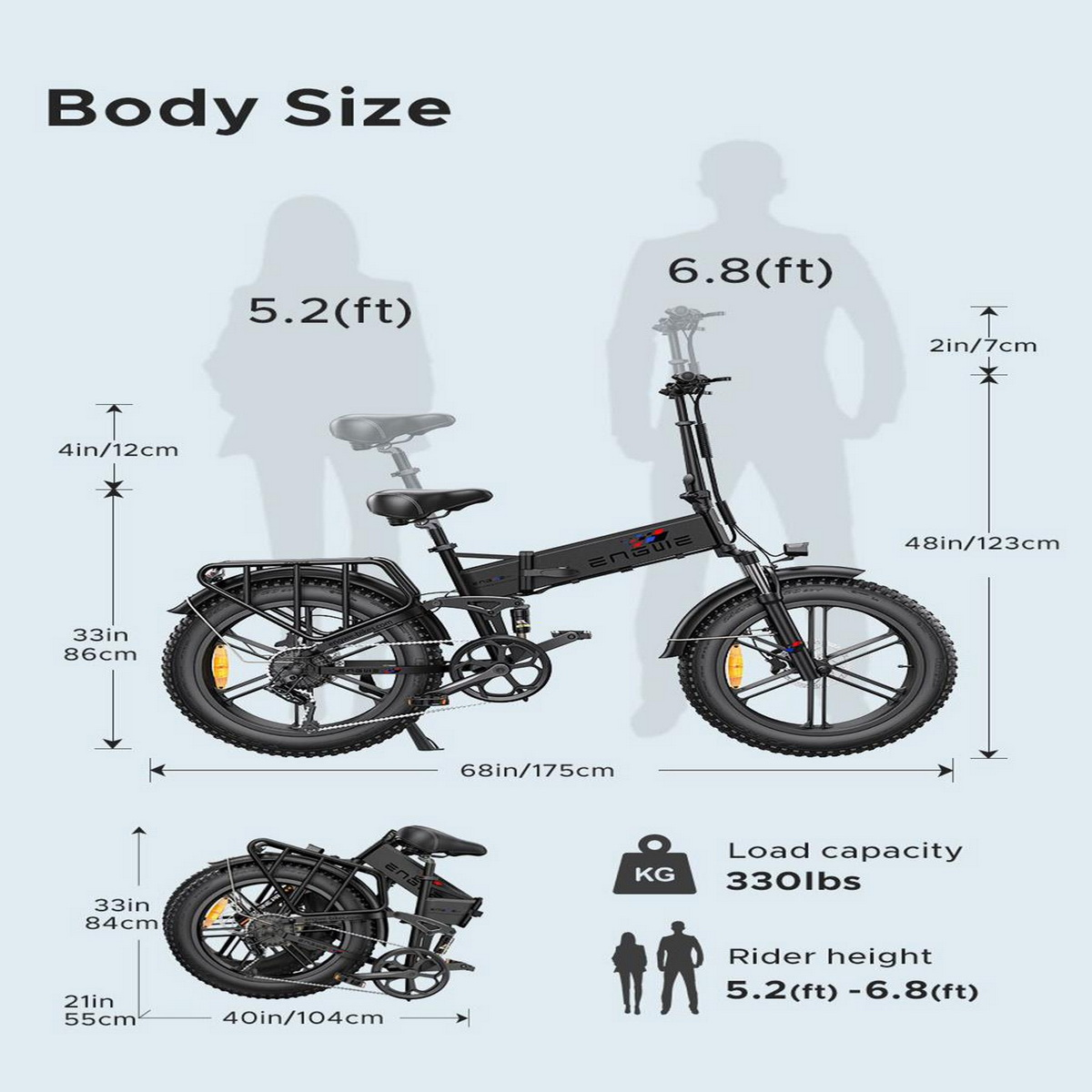 Ein E-Bike mit Abmessungen und Informationen zur Fahrergröße. Das Fahrrad ist schwarz mit einem gefalteten Modell.