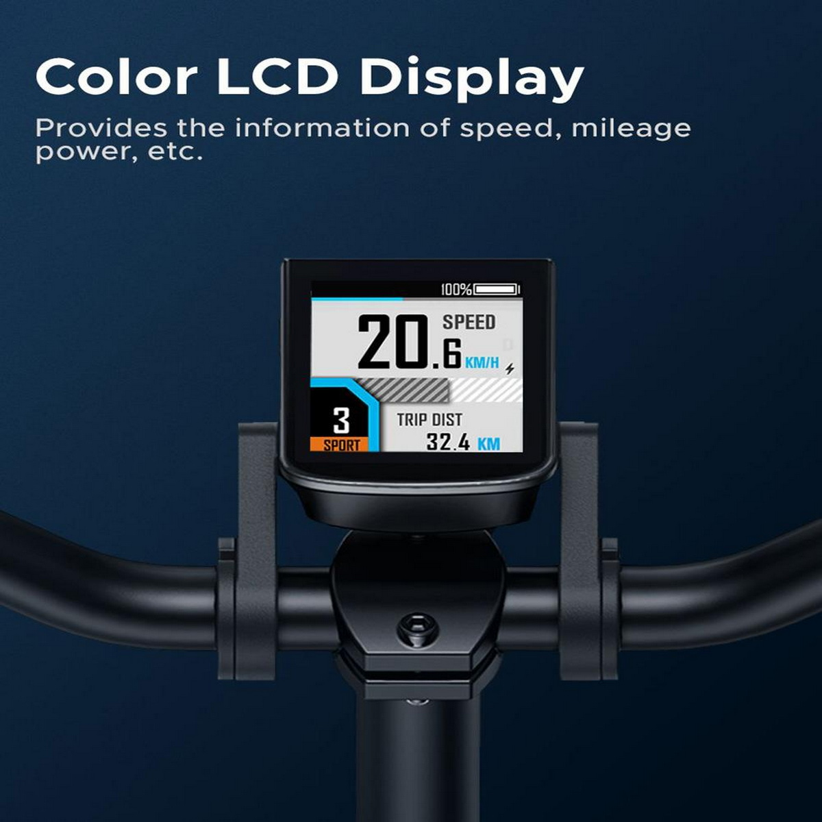 Ein schwarzes LCD-Display, das Geschwindigkeit und Entfernung anzeigt, an einem Fahrrad montiert.