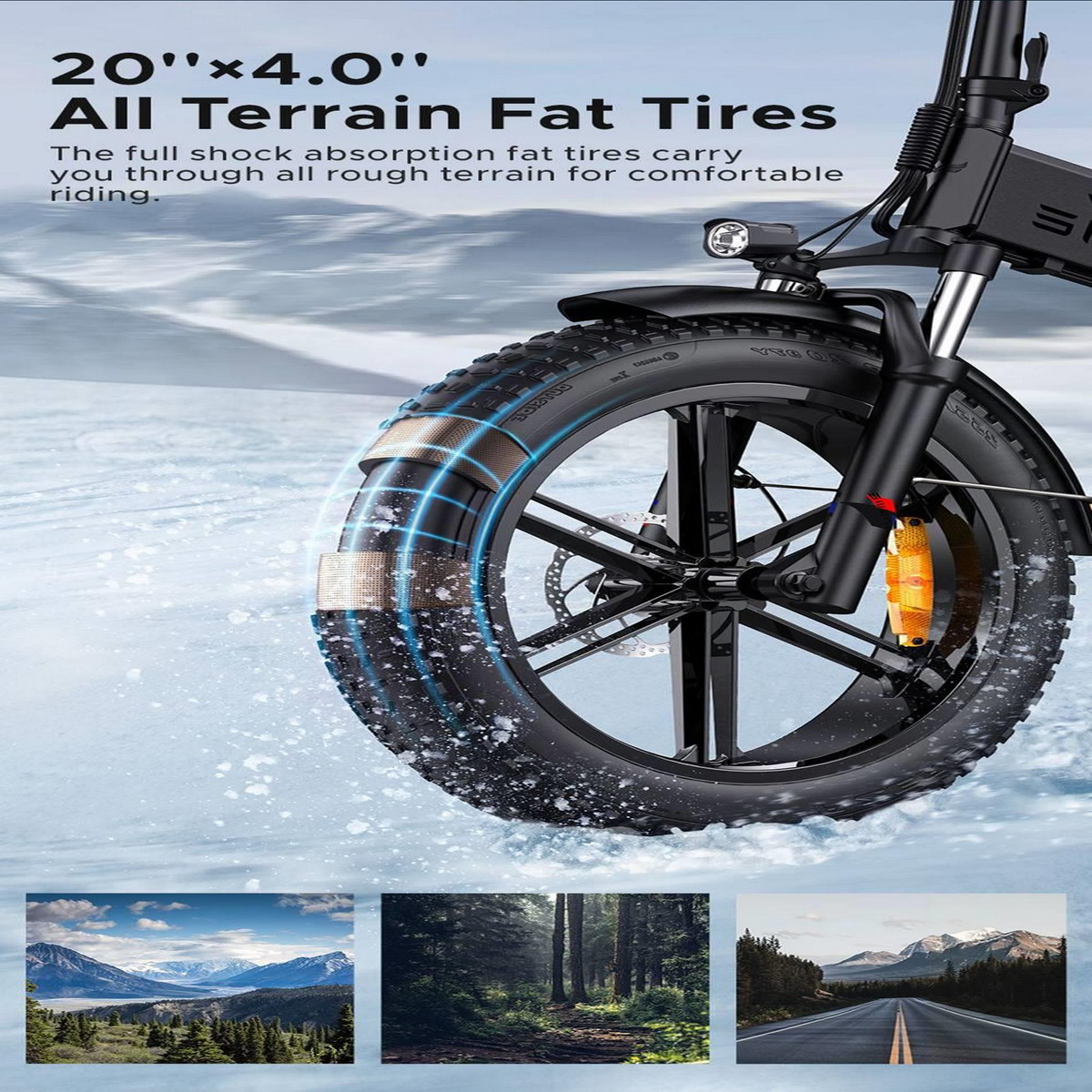 Ein schwarz-silbernes Fatbike mit dem Text 'All Terrain Fat Tires'.