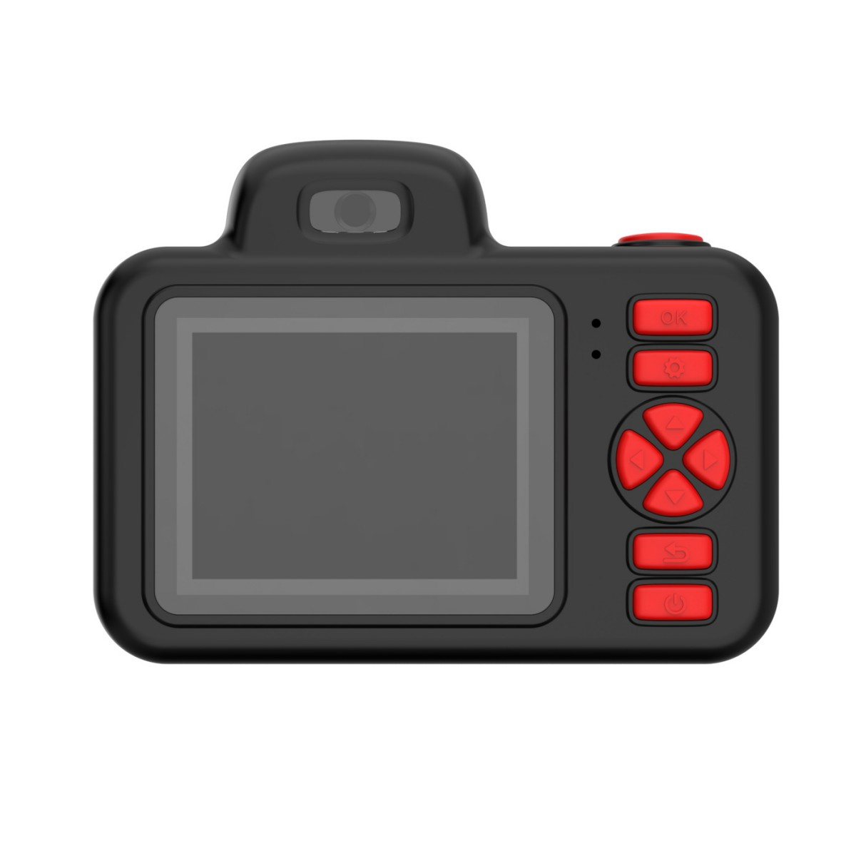 Cámara digital negra con botones rojos, una pantalla y una lente en la parte superior.