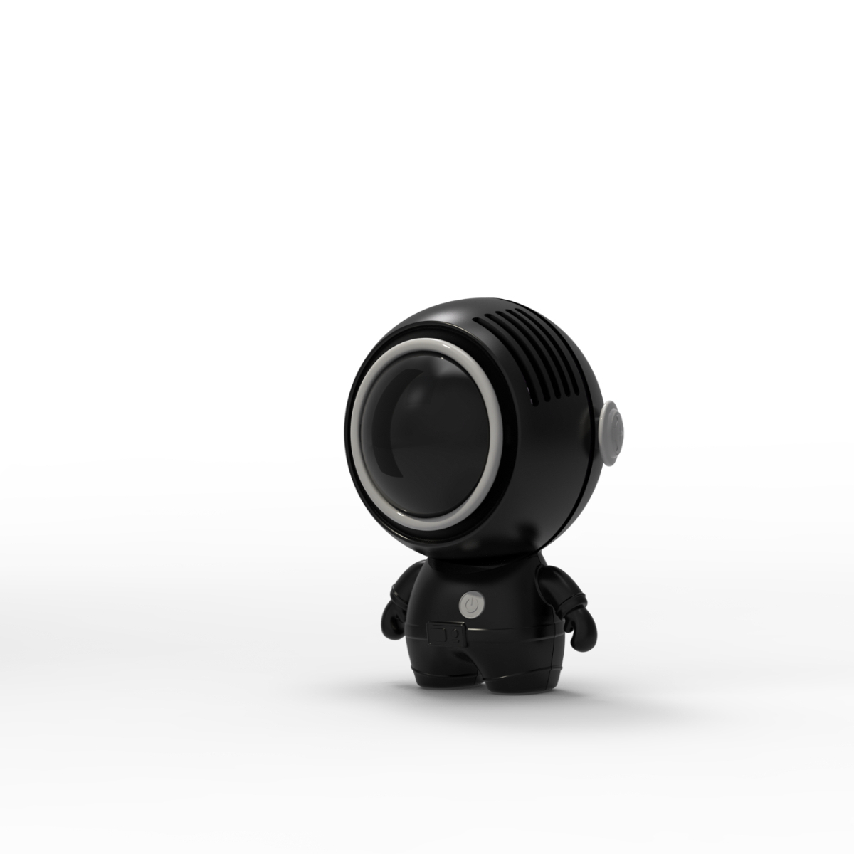 Un juguete negro con forma de robot con una cabeza redonda y un fondo blanco.