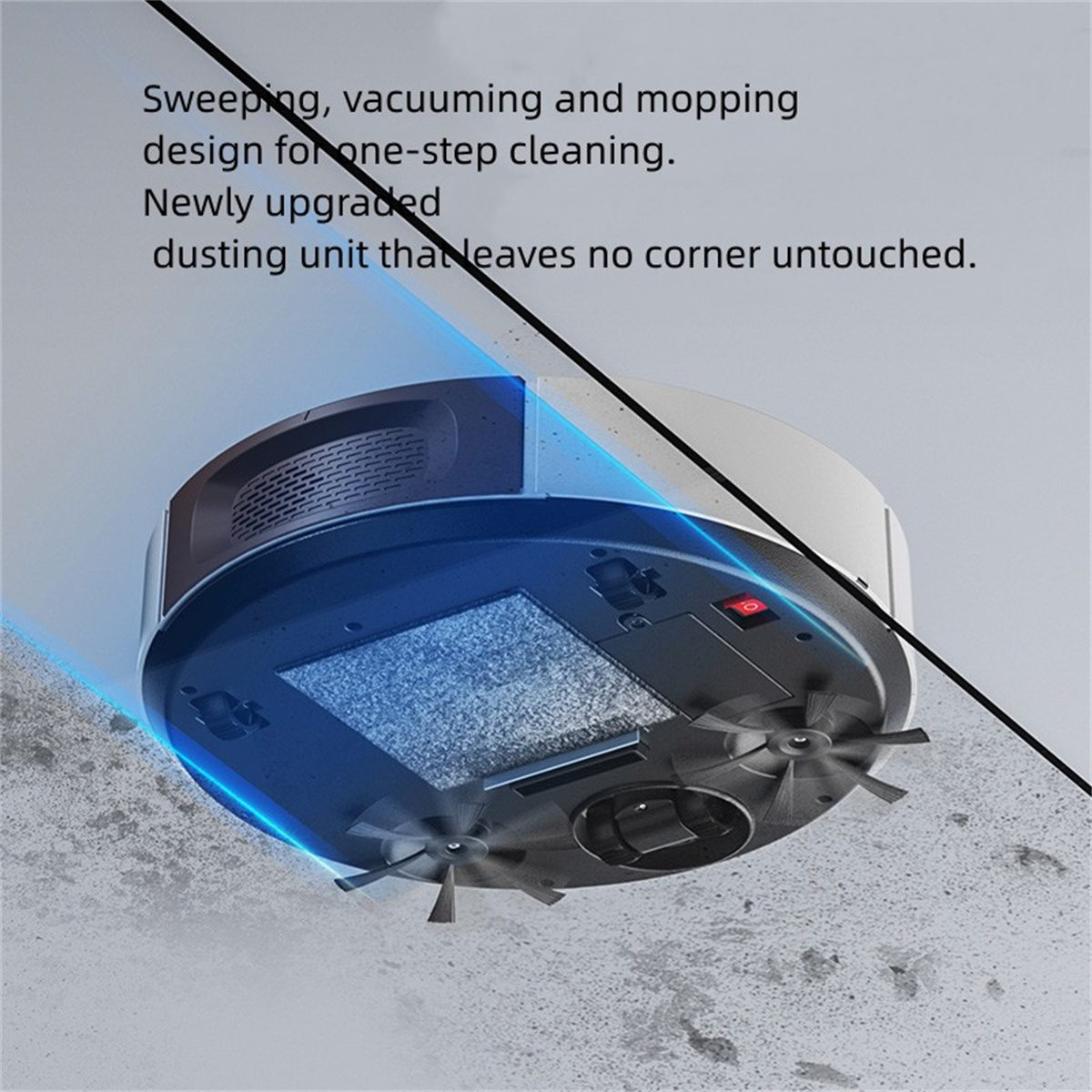 Aspiradora robot, vista inferior. Muestra cepillos e inferior. Suelo limpio.