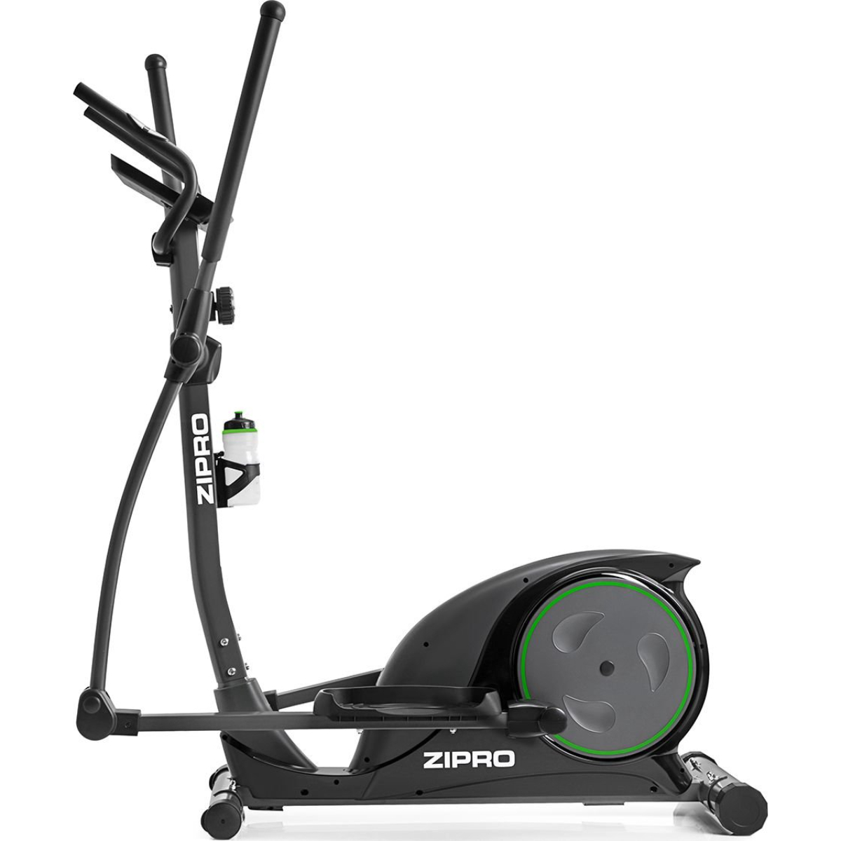 Schwarz-grauer Crosstrainer mit grünen Akzenten und Flaschenhalter.